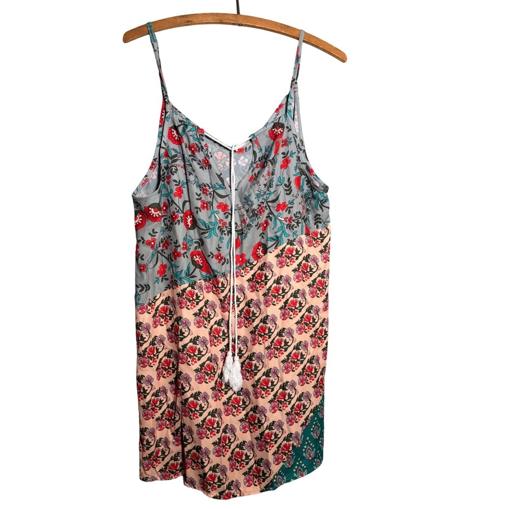 Womens Mixed Floral Patchwork Cami Top‎ Tassel Tie Boho Festival Sleeveless Tank